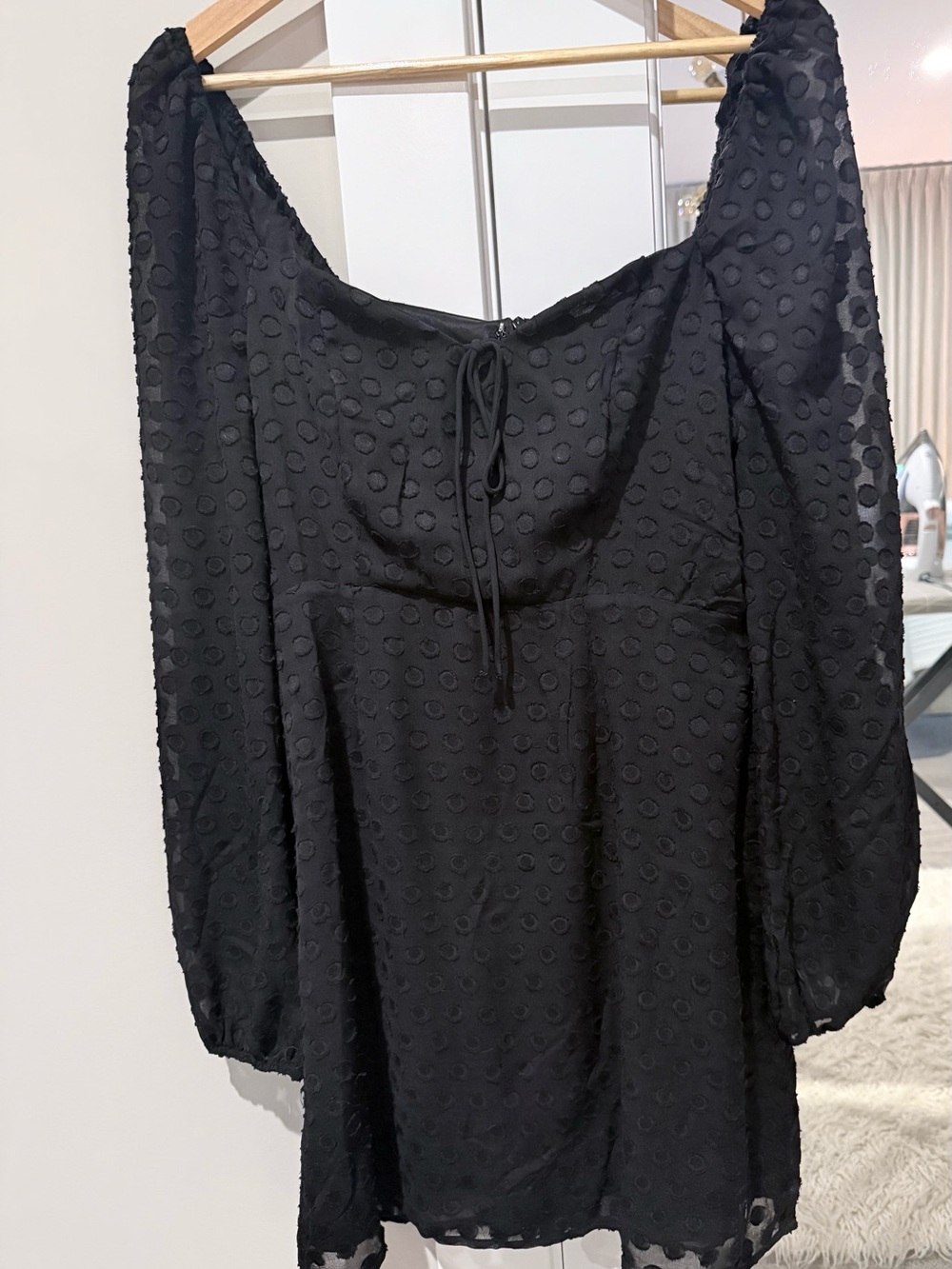 Leche Black Swiss Dot Long Sleeve Mini Dress Size Large NWT